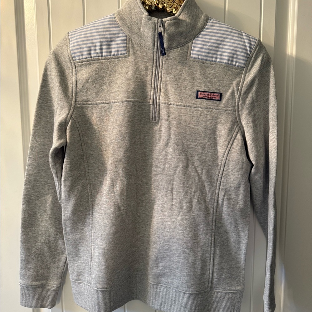 Vineyard Vines women small quarter zip Shep shirt blue seersucker shoulder